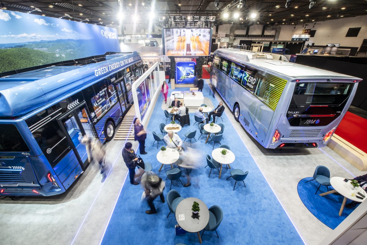 JBM electric bus range on show at a European exhibition